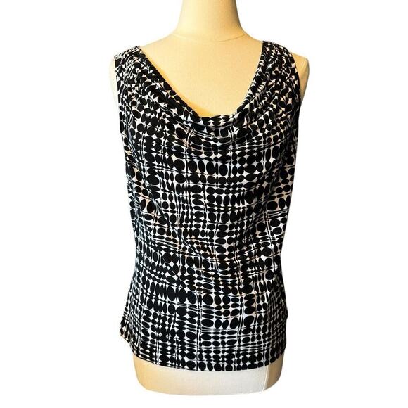 Calvin Klein Scoop Neck Large Sleeveless Blouse Black White Geometric Drape Neck - Picture 1 of 6